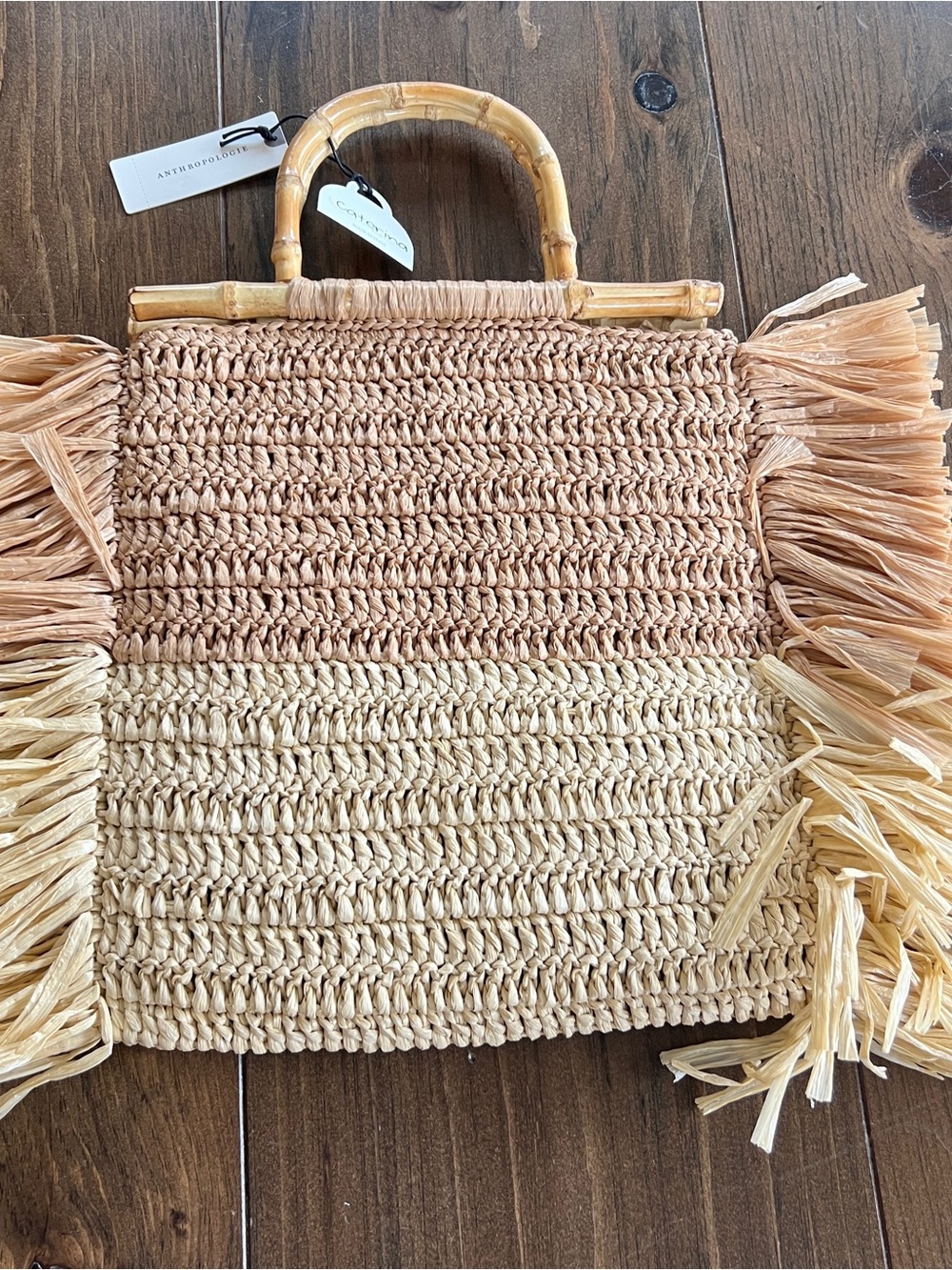 Anthropologie Caterina Bertini Two-Tone Raffia Fringe Tote